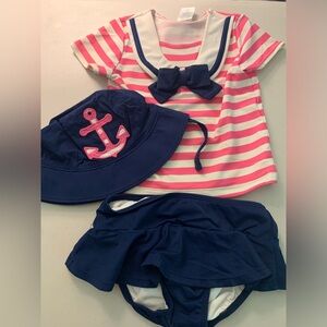Gymboree Sailor Striped Rash Guard set with Anchor Hat Toddler Girl 3T VGUC